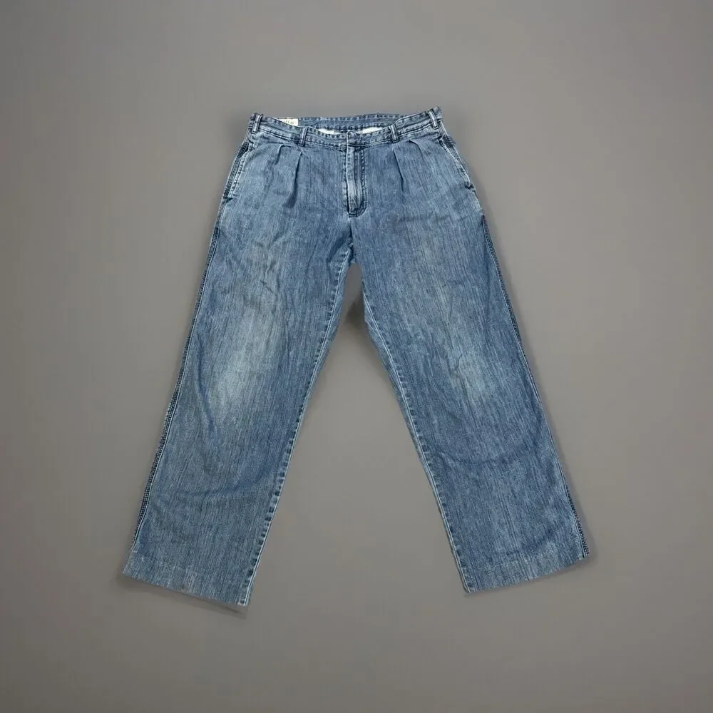 Orvis Jeans Mens 34x30 Blue Stretch Vintage Wash Pleated